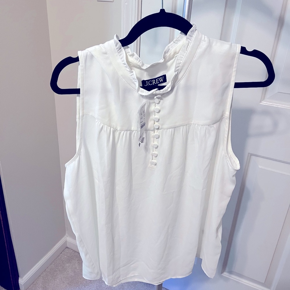J. Crew sleeveless button-front ruffleneck popover, white, size L